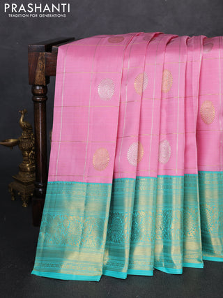 Pure kanchipuram silk saree baby pink and teal green with allover zari woven ckecks & buttas and long zari woven border