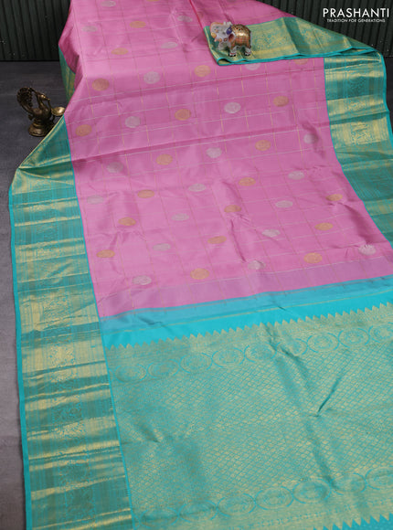 Pure kanchipuram silk saree baby pink and teal green with allover zari woven ckecks & buttas and long zari woven border