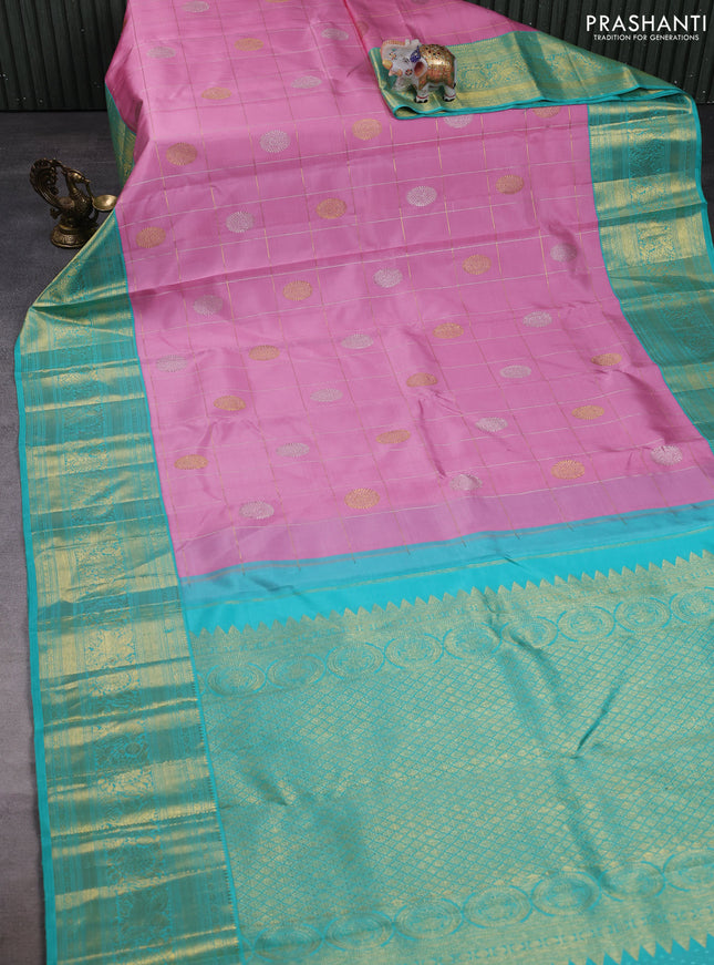 Pure kanchipuram silk saree baby pink and teal green with allover zari woven ckecks & buttas and long zari woven border