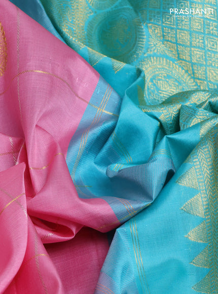 Pure kanchipuram silk saree baby pink and teal green with allover zari woven ckecks & buttas and long zari woven border