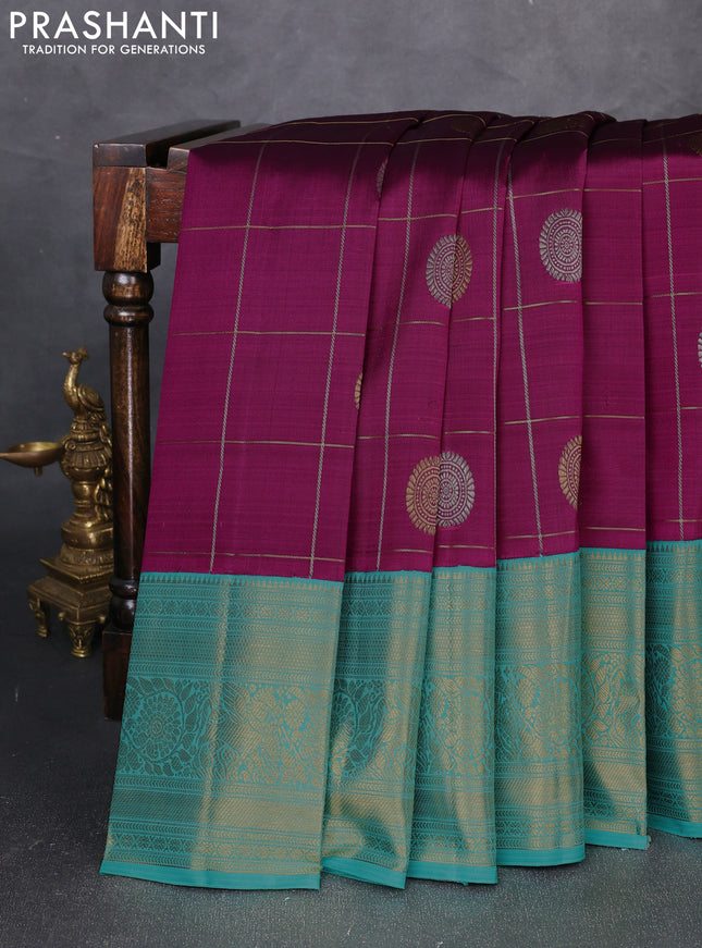 Pure kanchipuram silk saree purple and teal green with allover zari woven ckecks & buttas and long zari woven border