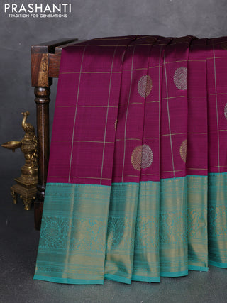 Pure kanchipuram silk saree purple and teal green with allover zari woven ckecks & buttas and long zari woven border