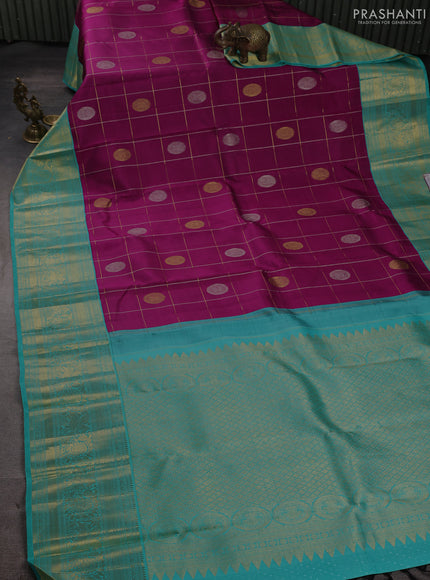 Pure kanchipuram silk saree purple and teal green with allover zari woven ckecks & buttas and long zari woven border