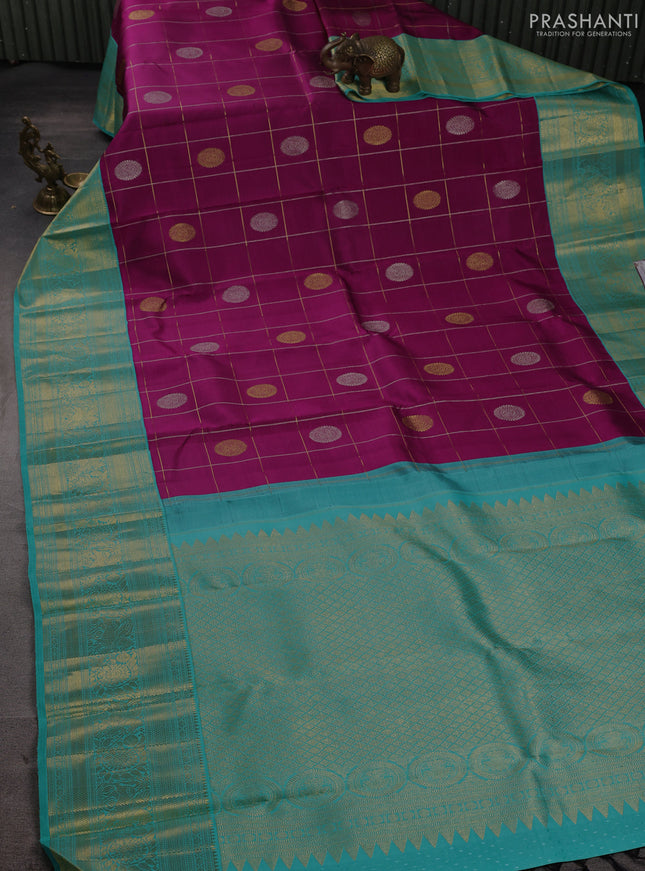 Pure kanchipuram silk saree purple and teal green with allover zari woven ckecks & buttas and long zari woven border