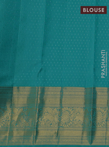 Pure kanchipuram silk saree purple and teal green with allover zari woven ckecks & buttas and long zari woven border
