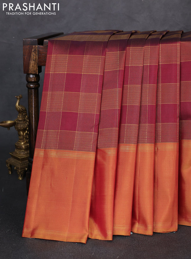 Pure kanchipuram silk saree maroon and dark mustard with allover zari woven checks pattern and rettapet zari woven border