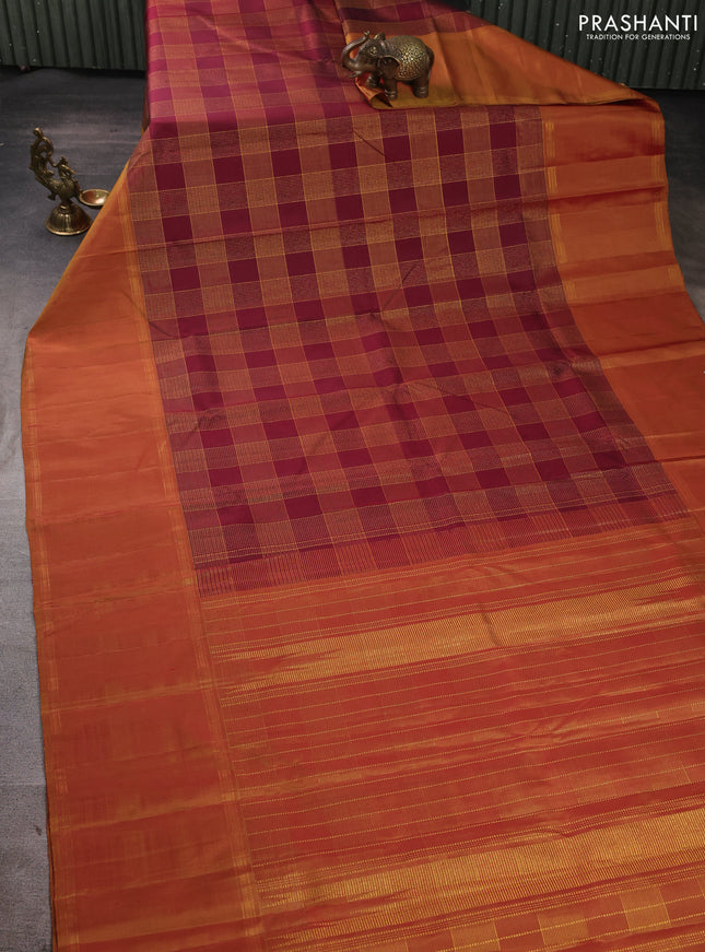 Pure kanchipuram silk saree maroon and dark mustard with allover zari woven checks pattern and rettapet zari woven border