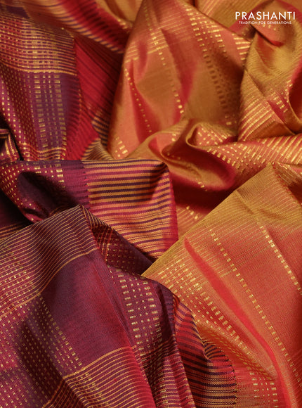 Pure kanchipuram silk saree maroon and dark mustard with allover zari woven checks pattern and rettapet zari woven border