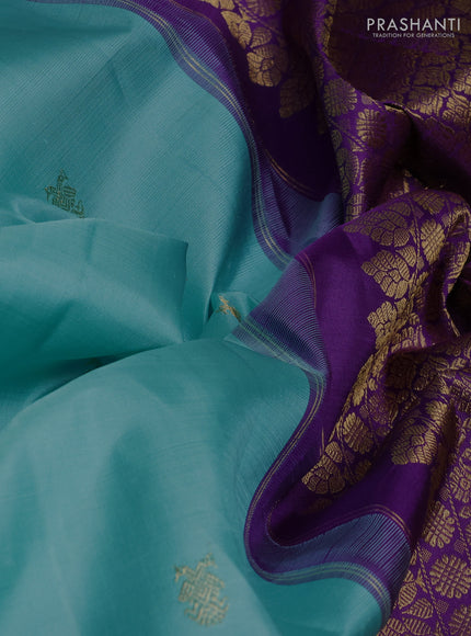 Pure kanchipuram silk saree teal blue and purple with zari woven buttas and rettapet zari woven border