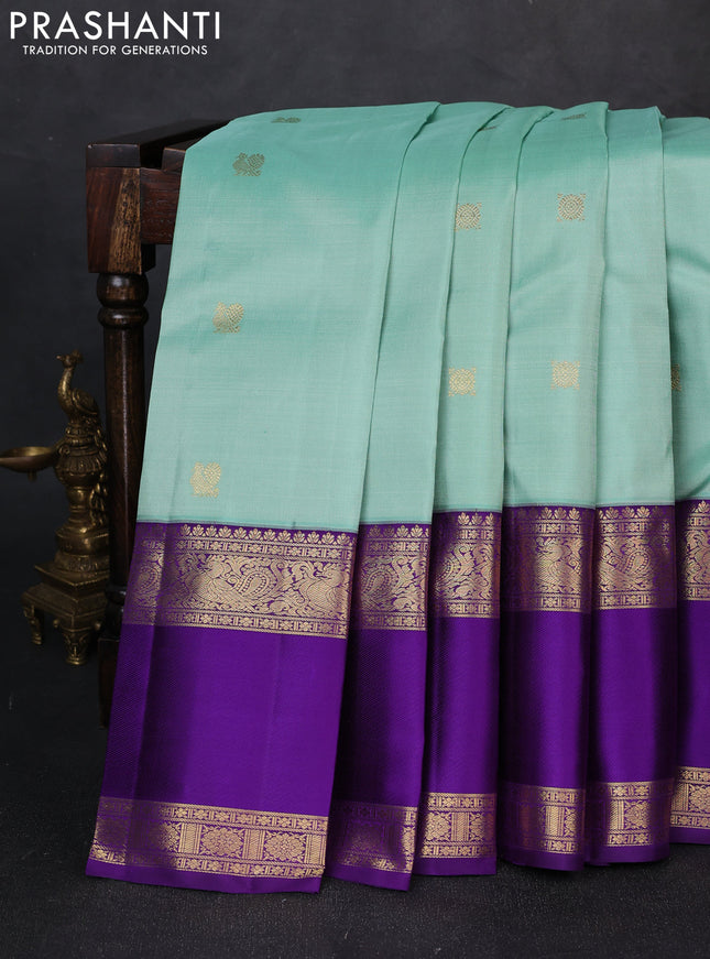 Pure kanchipuram silk saree teal green and violet with zari woven buttas and rettapet zari woven border