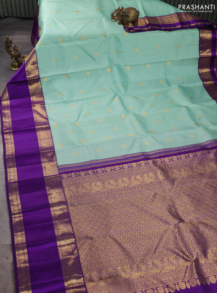 Pure kanchipuram silk saree teal green and violet with zari woven buttas and rettapet zari woven border