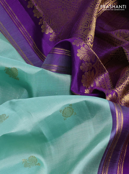 Pure kanchipuram silk saree teal green and violet with zari woven buttas and rettapet zari woven border