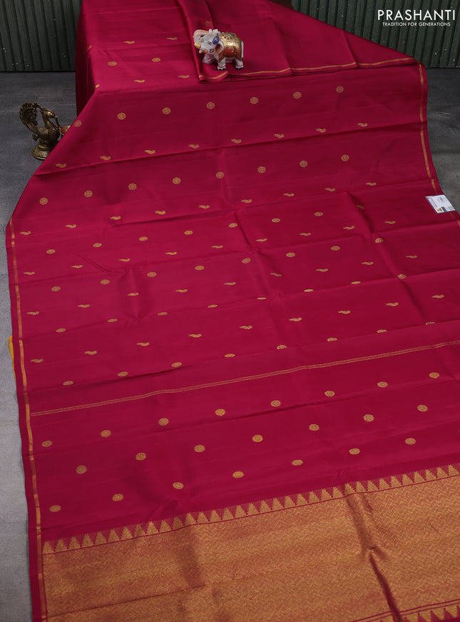 Pure kanchipuram silk saree maroon and yellow with allover zari woven buttas and small zari woven border