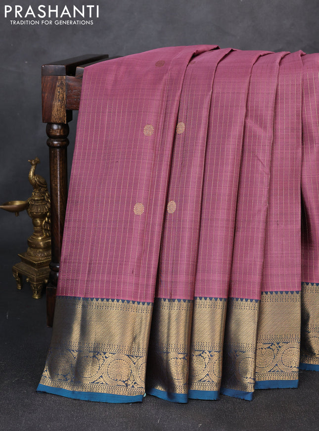 Pure kanchipuram silk saree mauve pink with allover zari stripe & buttas and zari woven border