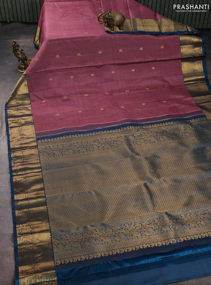 Pure kanchipuram silk saree mauve pink with allover zari stripe & buttas and zari woven border