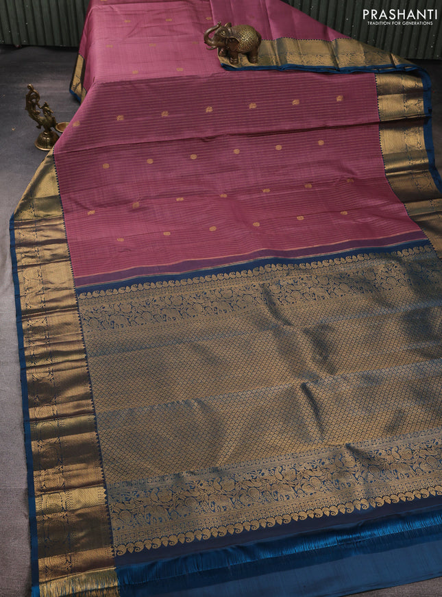 Pure kanchipuram silk saree mauve pink with allover zari stripe & buttas and zari woven border