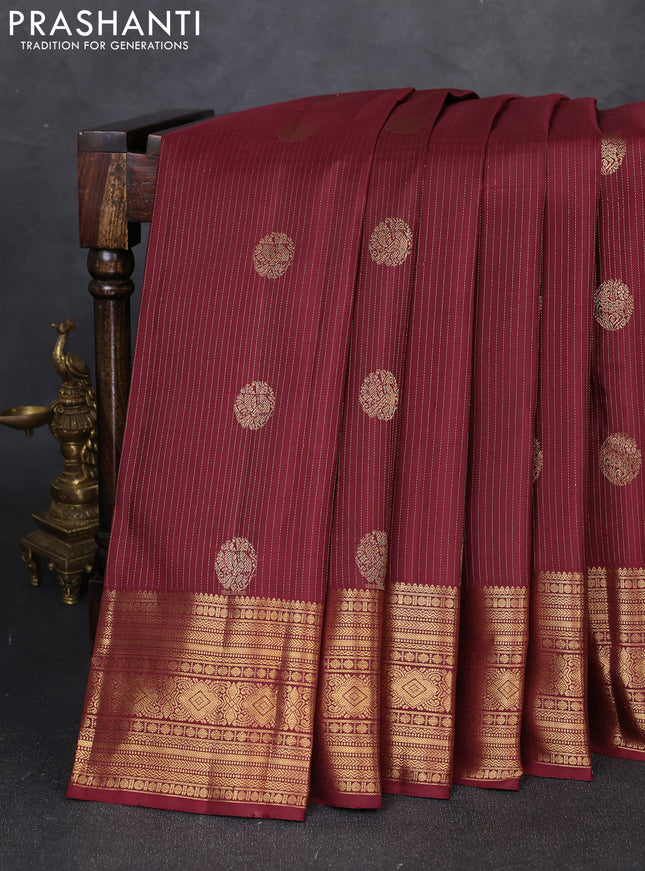 Pure kanchipuram silk saree deep wine shade with allover zari stripe pattern and zari woven border