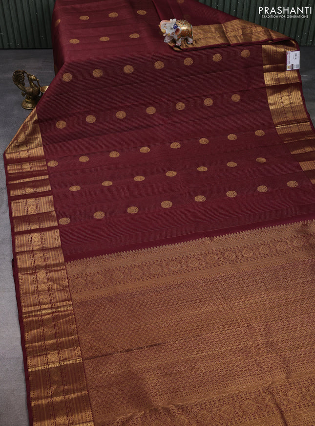 Pure kanchipuram silk saree deep wine shade with allover zari stripe pattern and zari woven border