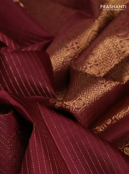 Pure kanchipuram silk saree deep wine shade with allover zari stripe pattern and zari woven border
