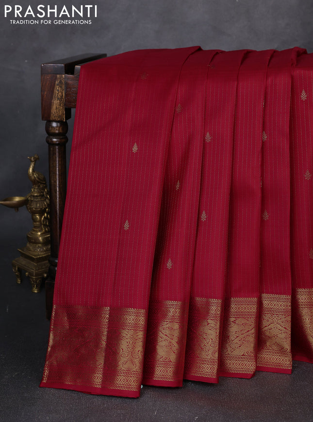 Pure kanchipuram silk saree red with allover zari stripe & buttas and zari woven border