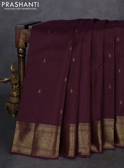 Pure kanchipuram silk saree deep purple with allover zari stripe & buttas and zari woven border