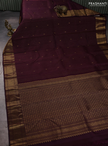 Pure kanchipuram silk saree deep purple with allover zari stripe & buttas and zari woven border