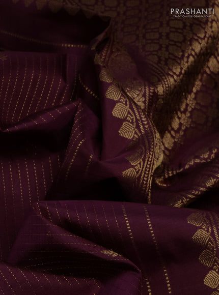 Pure kanchipuram silk saree deep purple with allover zari stripe & buttas and zari woven border