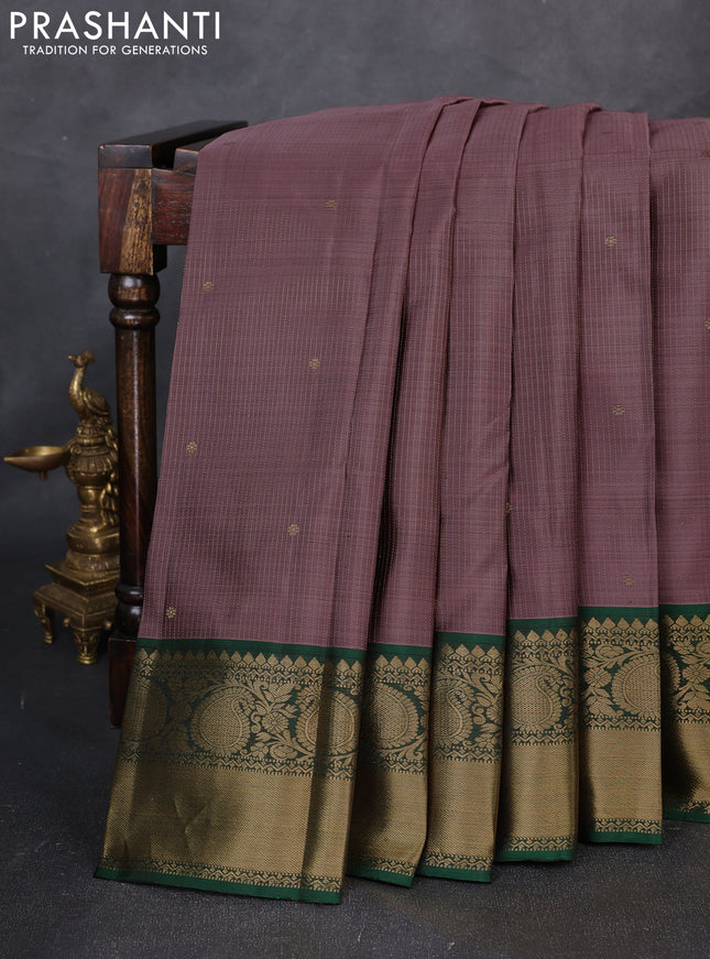 Pure kanchipuram silk saree rosy brown and green with allover zari stripe & buttas and zari woven border