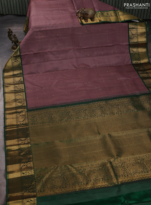 Pure kanchipuram silk saree rosy brown and green with allover zari stripe & buttas and zari woven border