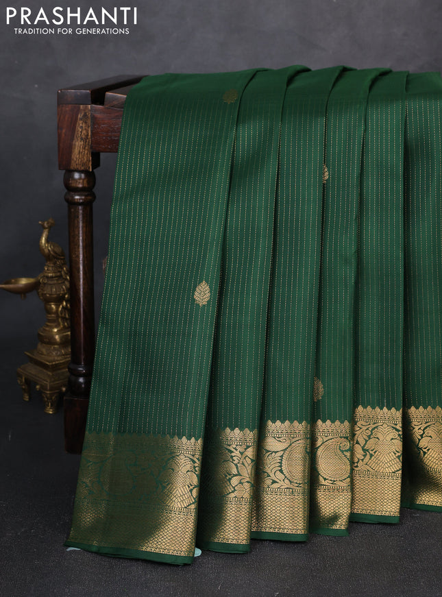 Pure kanchipuram silk saree bottle green with allover zari stripe & buttas and zari woven border