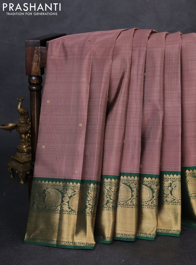 Pure kanchipuram silk saree rosy brown and green with allover zari stripe & buttas and zari woven border