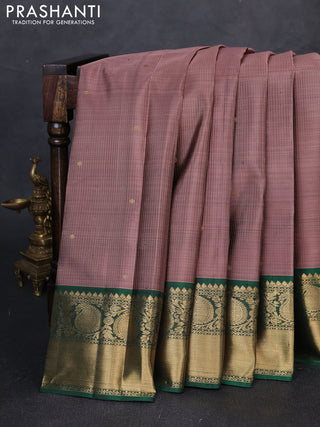 Pure kanchipuram silk saree rosy brown and green with allover zari stripe & buttas and zari woven border