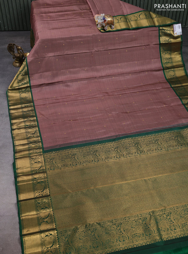 Pure kanchipuram silk saree rosy brown and green with allover zari stripe & buttas and zari woven border