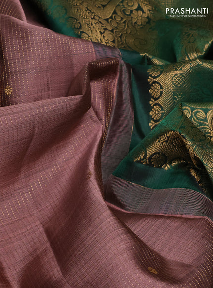 Pure kanchipuram silk saree rosy brown and green with allover zari stripe & buttas and zari woven border