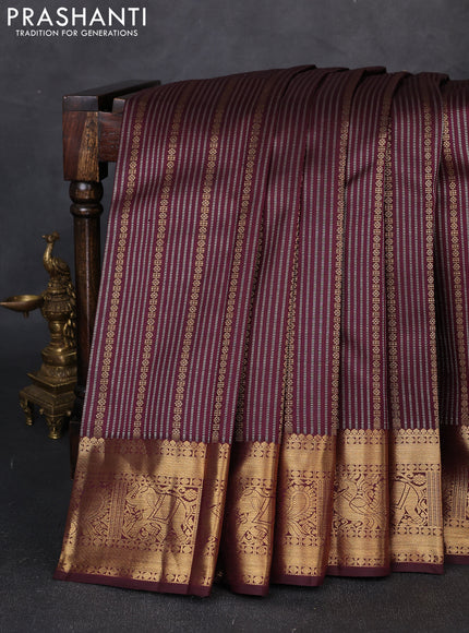 Pure kanchipuram silk saree deep wine shade and coffee brown with allover silver & zari stripe pattern and zari woven border