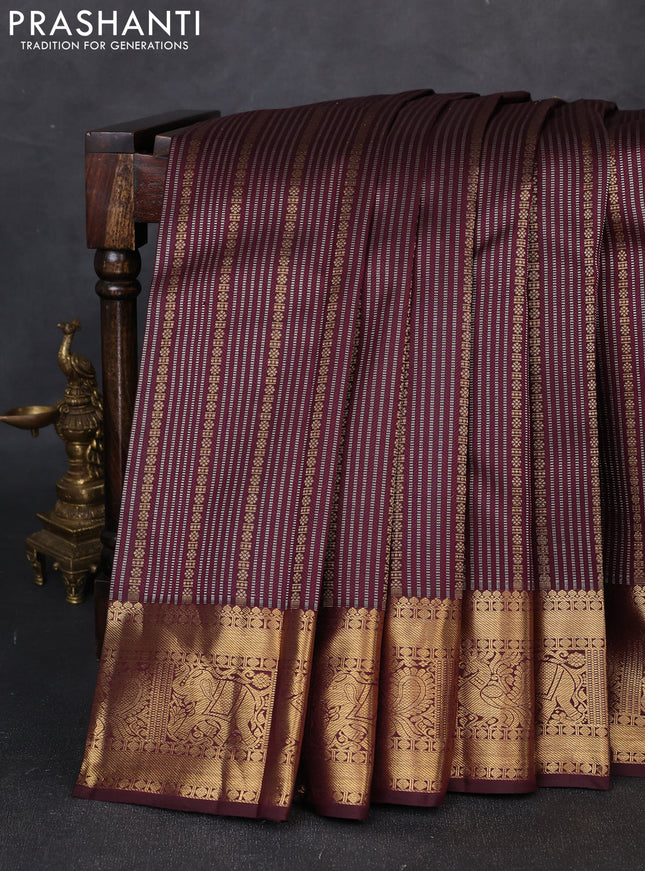Pure kanchipuram silk saree deep wine shade and coffee brown with allover silver & zari stripe pattern and zari woven border