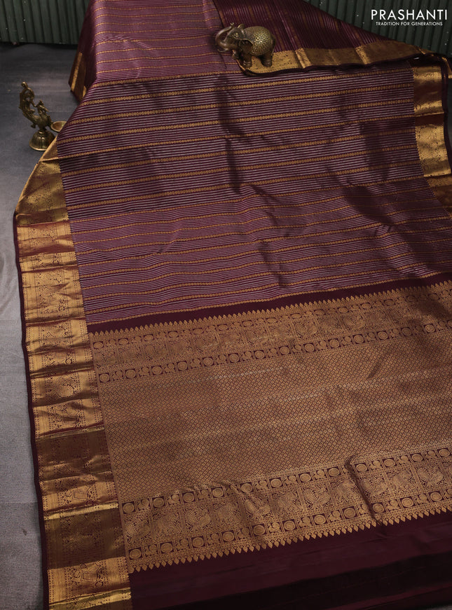 Pure kanchipuram silk saree deep wine shade and coffee brown with allover silver & zari stripe pattern and zari woven border