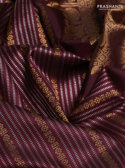 Pure kanchipuram silk saree deep wine shade and coffee brown with allover silver & zari stripe pattern and zari woven border