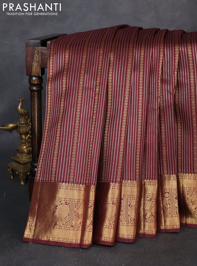 Pure kanchipuram silk saree deep maroon with allover silver & zari stripe pattern and zari woven border