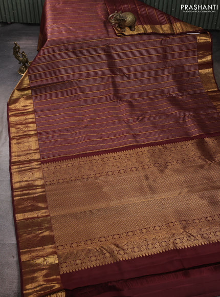 Pure kanchipuram silk saree deep maroon with allover silver & zari stripe pattern and zari woven border
