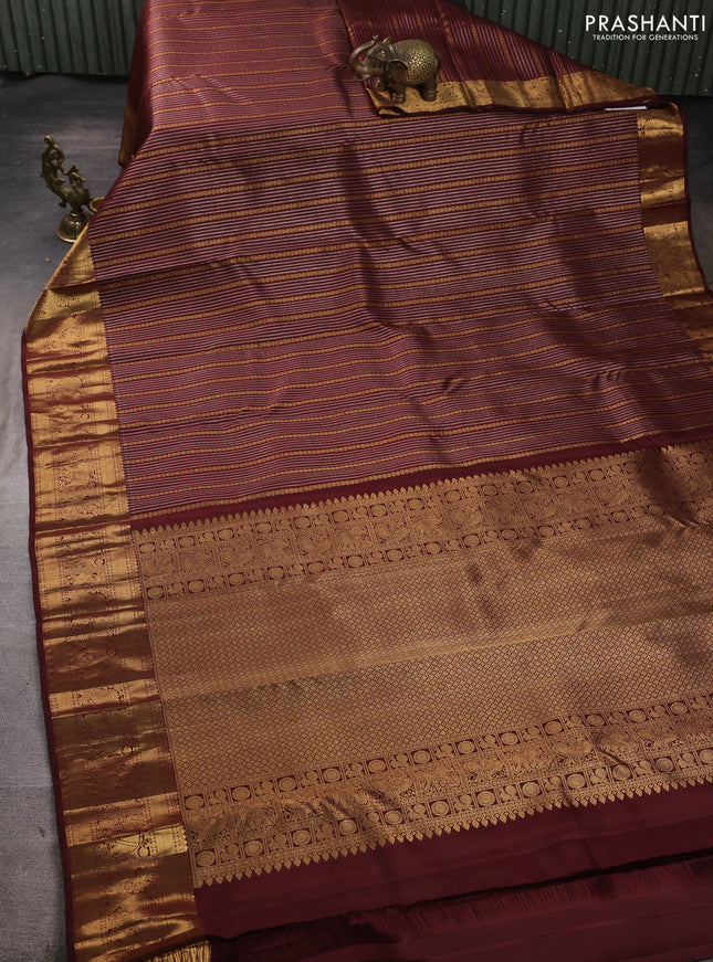 Pure kanchipuram silk saree deep maroon with allover silver & zari stripe pattern and zari woven border