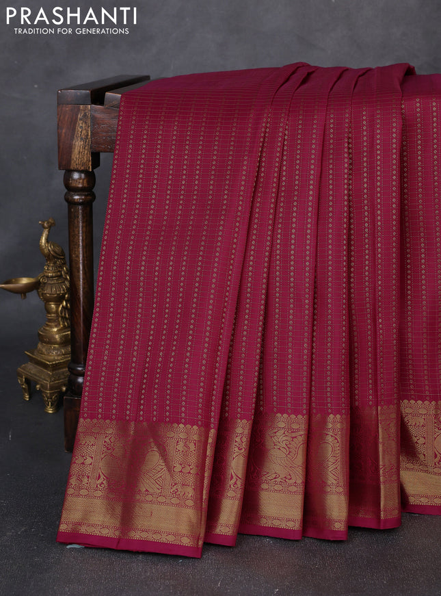 Pure kanchipuram silk saree wine shade with allover small zari checks & buttas and zari woven border