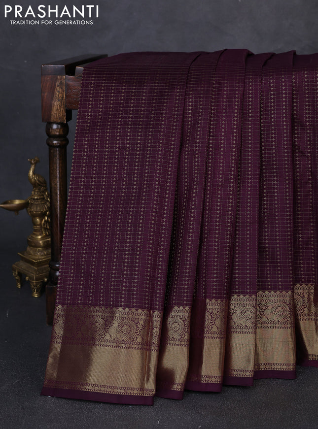 Pure kanchipuram silk saree deep purple with allover small zari checks & buttas and zari woven border