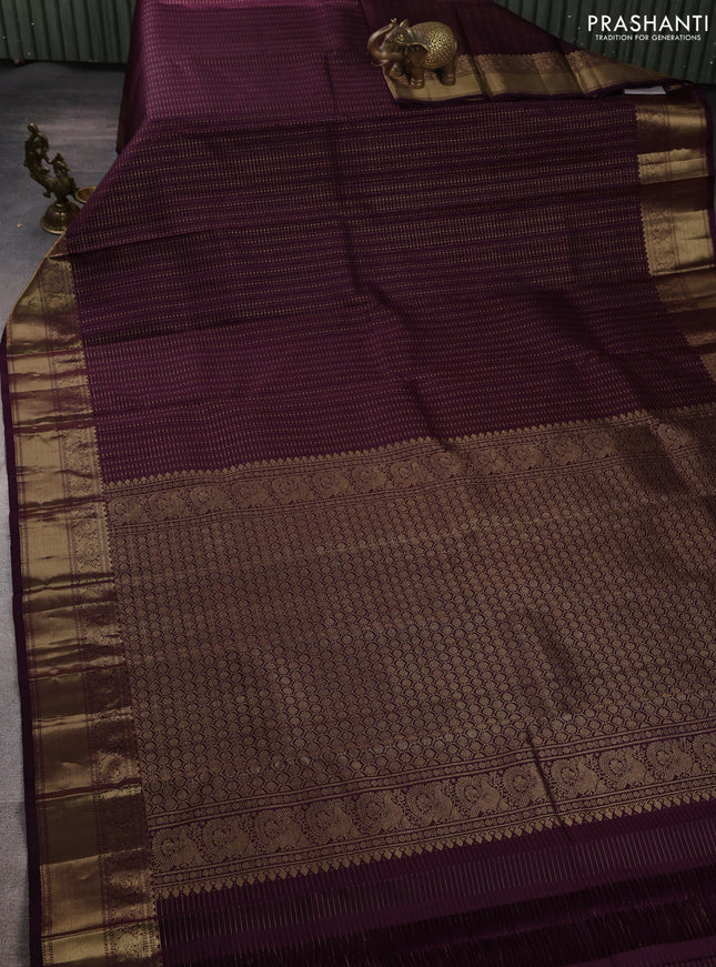 Pure kanchipuram silk saree deep purple with allover small zari checks & buttas and zari woven border