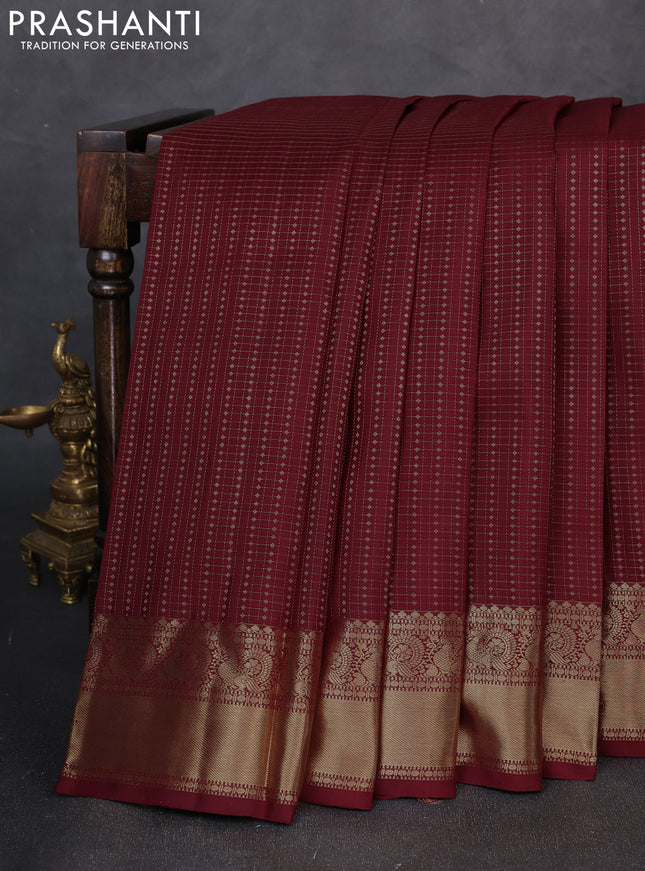 Pure kanchipuram silk saree deep wine with allover small zari checks & buttas and zari woven border
