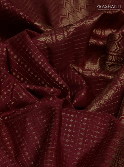 Pure kanchipuram silk saree deep wine with allover small zari checks & buttas and zari woven border