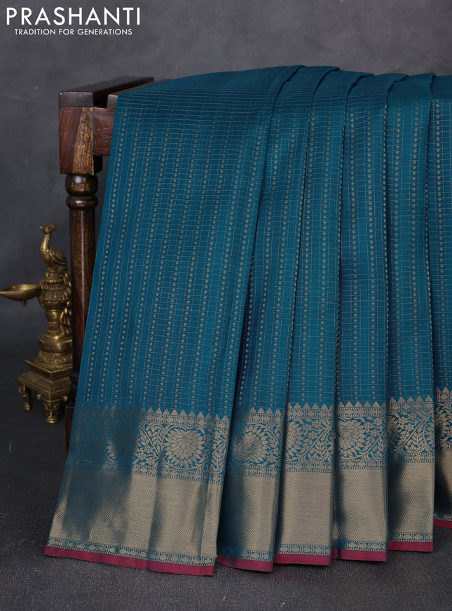 Pure kanchipuram silk saree peacock blue and maroon with allover small zari checks & buttas and zari woven border