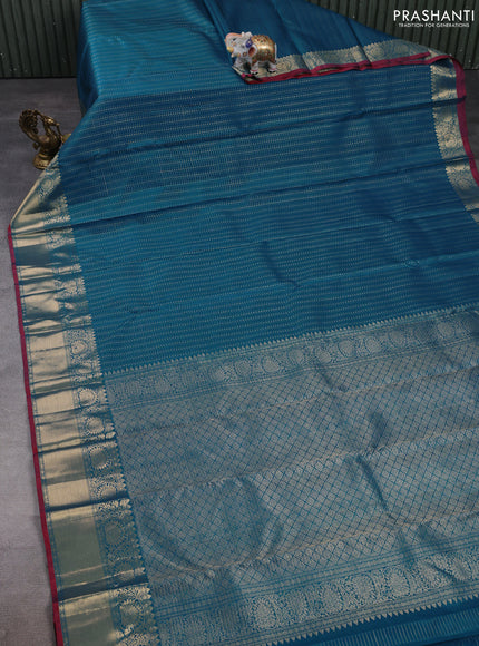 Pure kanchipuram silk saree peacock blue and maroon with allover small zari checks & buttas and zari woven border