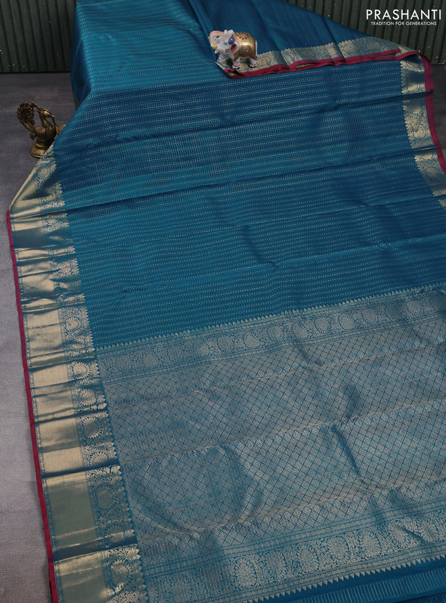 Pure kanchipuram silk saree peacock blue and maroon with allover small zari checks & buttas and zari woven border