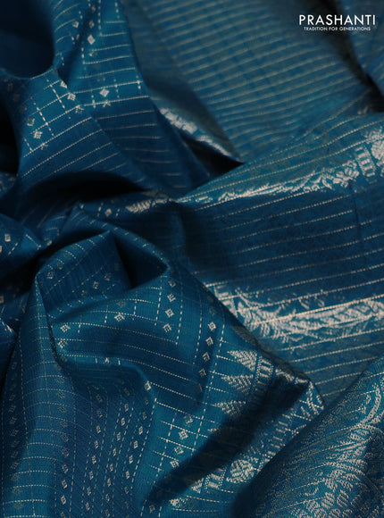 Pure kanchipuram silk saree peacock blue and maroon with allover small zari checks & buttas and zari woven border